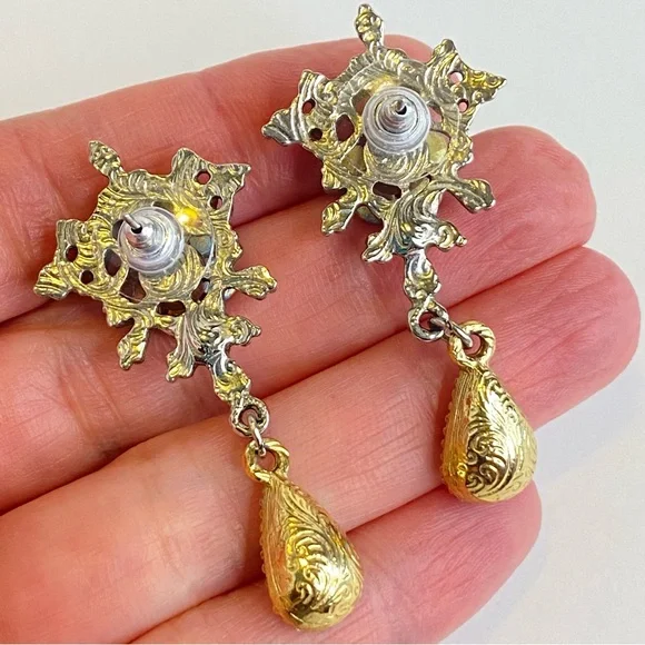 Vintage 1928 Blue Floral Drop Earrings Pink Accent Teardrop Crystal 2" - Picture 3 of 9